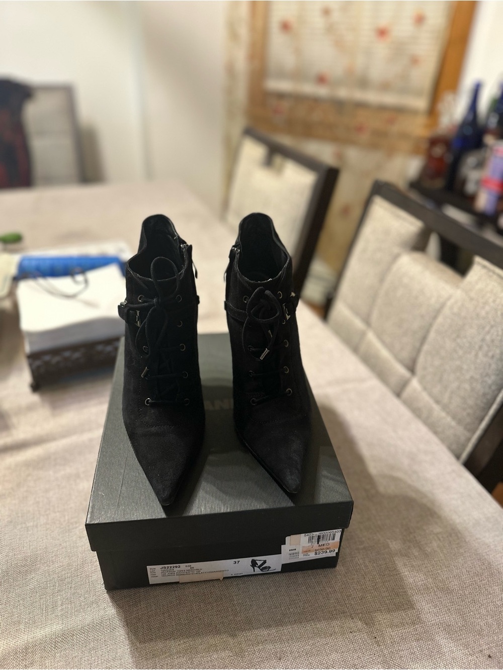 Pointed Toe Black Lace-Up Suede Ankle Booties